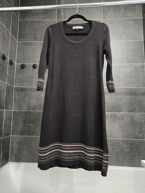 Black Women’s Knit Dress with Striped Hem and Sleeves